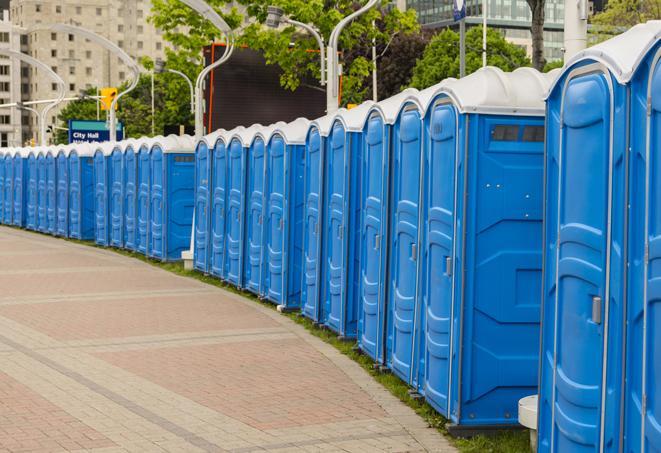 a line of spacious and well-maintained portable restrooms in Alviso